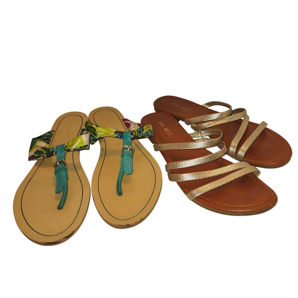 Nine West Womens Flat Sandals Bundle Size 9M Floral Bow Gold Snakeskin Strappy